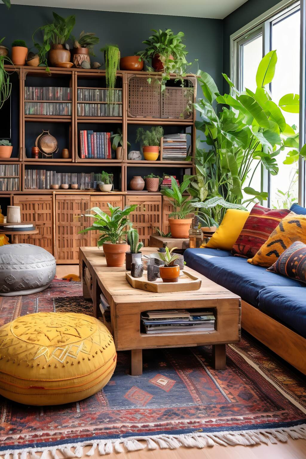 Dunkles Boho-Wohnzimmer Mit Maßgefertigten Möbeln