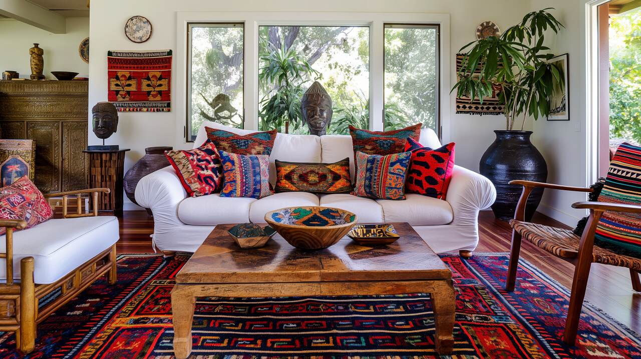 Dunkles Boho-Wohnzimmer Mit Handgefertigten Accessoires