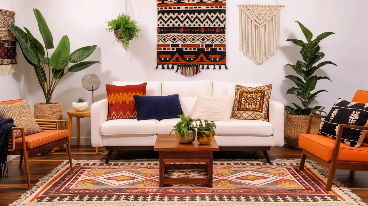 Dunkles Boho-Wohnzimmer Im Minimalistischen Ansatz