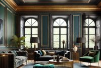 Dunkles Boho-Wohnzimmer Mit Geometrischen Wandmustern Dunkles Boho-Wohnzimmer Mit Geometrischen Wandmustern