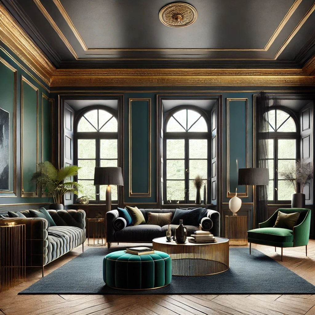 Dunkles Boho-Wohnzimmer Mit Geometrischen Wandmustern